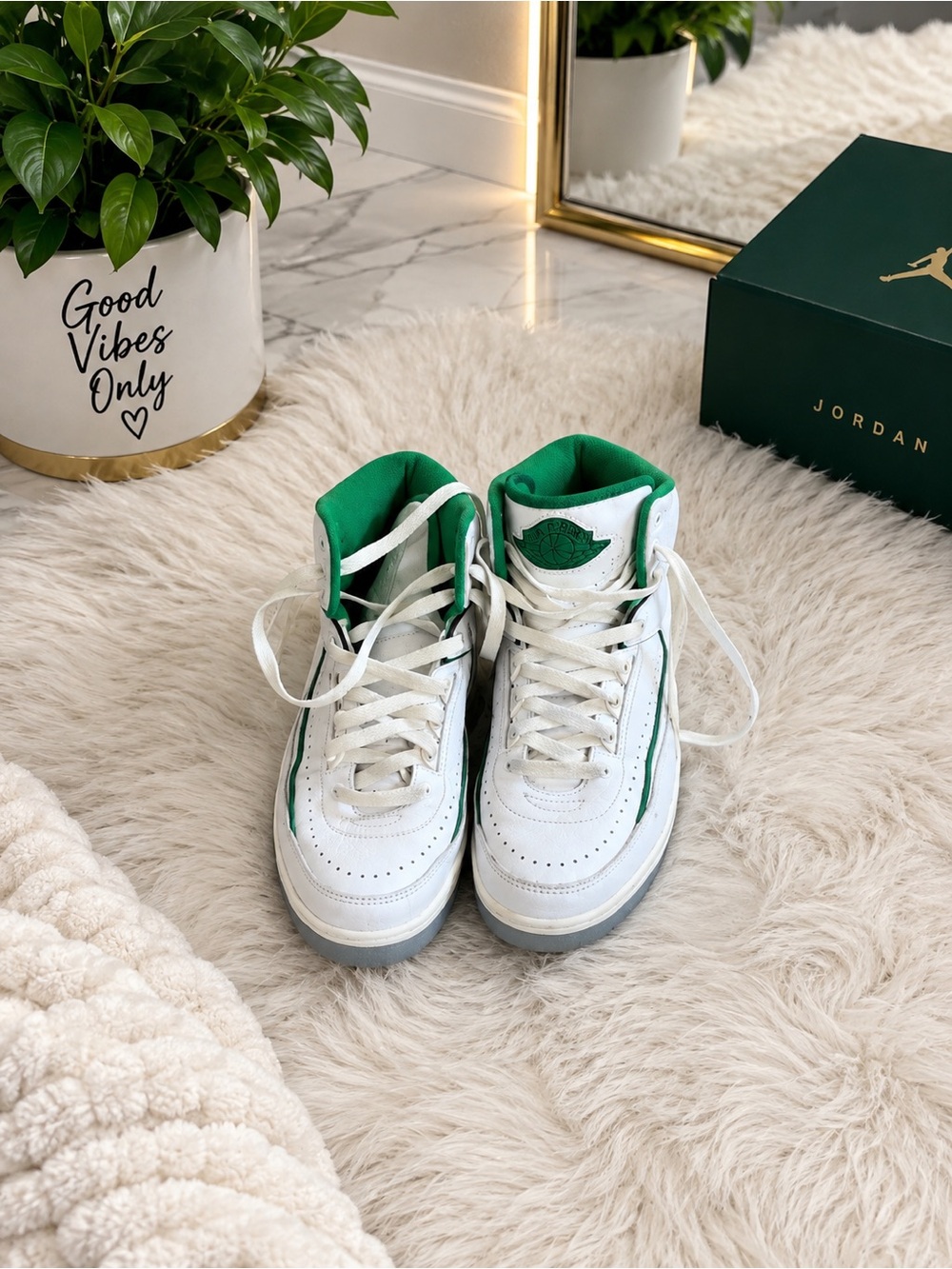 Jordan Kids White and Green High-Top Sneakers